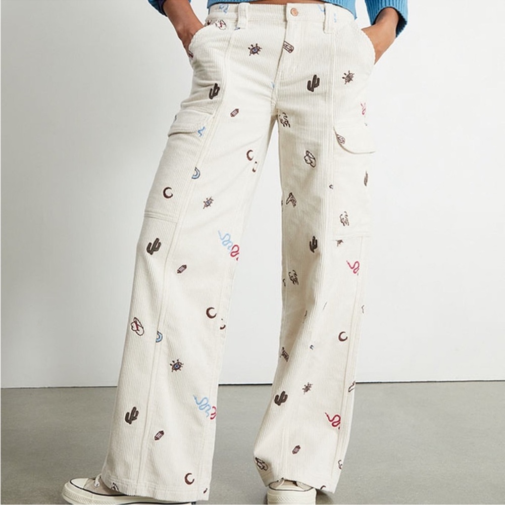 PacSun Bone Embroidered Corduroy Low Rise Baggy Cargo Rodeo Puddle Pants